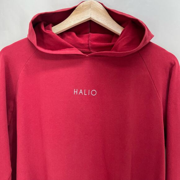 Halio | Casual Hooded T-Shirt Drawstring Hem Long Sleeve Maroon Red Small - Picture 3 of 8